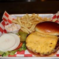 Cheeseburger · Fresh handmade Grilled burger with choice of cheese and bun. Served with homemade potato chi...