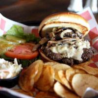 Blue Burger · Crumbled bleu cheese,  and caramelized onions.