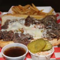 Italian Beef Sandwich · Italian beef on a toasted French roll with mozzarella cheese, au jus, and mild Giardiniera. 
