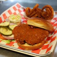 Buffalo Chicken Sandwich · Chicken breast, tossed in buffalo sauce, and served on a gourmet bun. includes French Fries ...