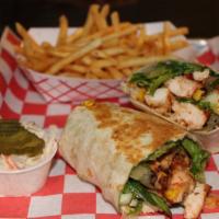 Southwest BBQ Chicken Wrap · Sauteed BBQ chicken, romaine, black bean and corn relish, tomatoes, cucumbers, cheddar, and ...