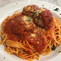 Spaghetti Della Mamma Dinner · Our homemade tomato sauce served on a bed of imported Italian spaghetti with choice of meatb...