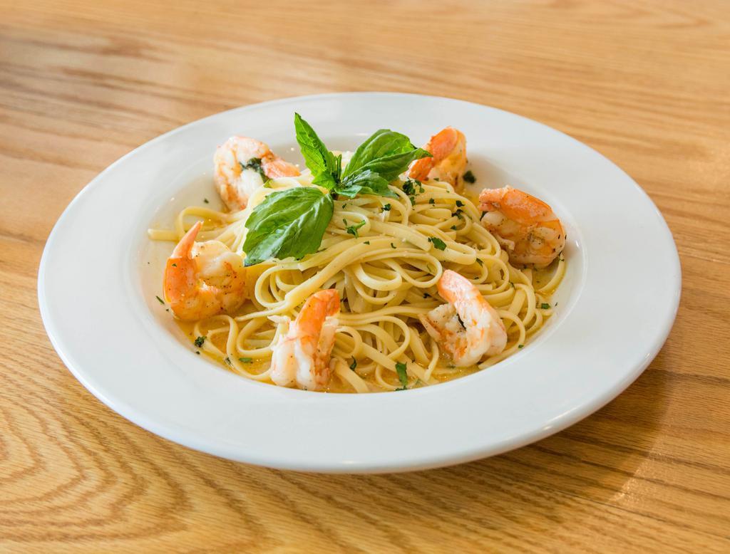 Shrimp Scampi Dinner · Gulf shrimp seared with a white wine, garlic and lemon sauce, tossed with linguini pasta.