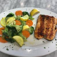 Grilled Salmon Dinner · Fresh filet of salmon, seasoned, grilled and served with a side of fresh steamed vegetables.