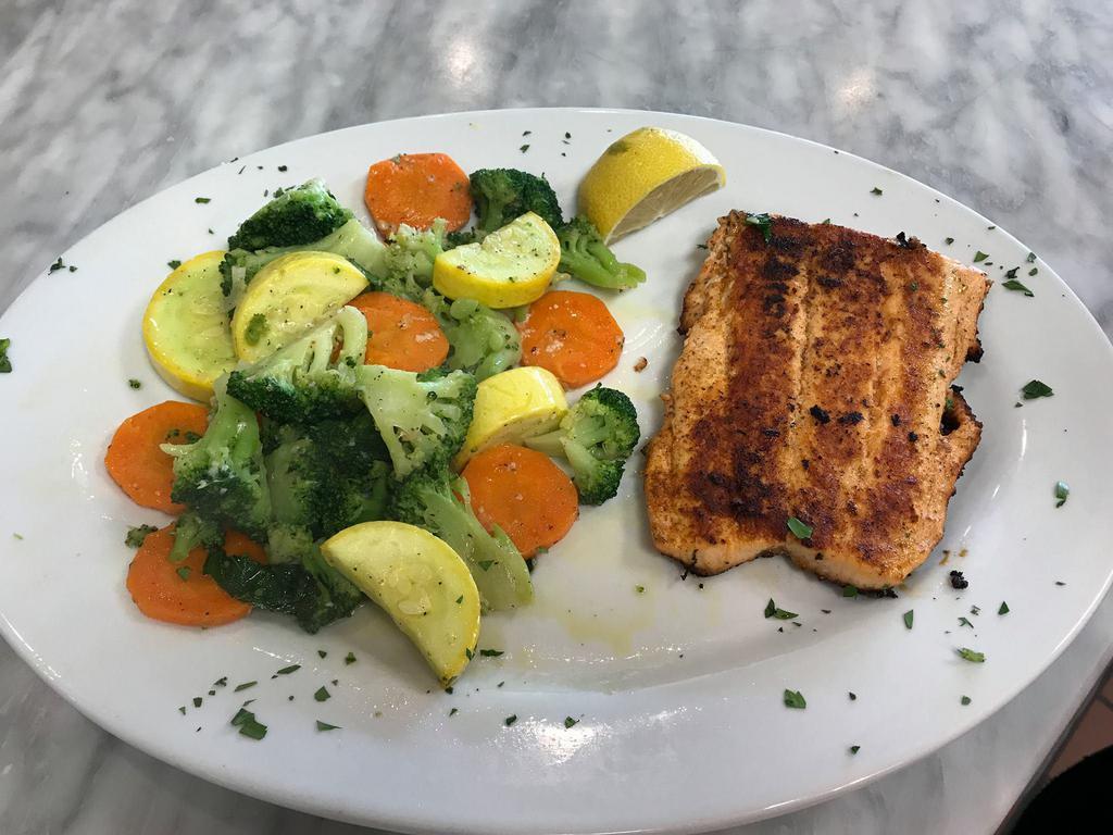 Grilled Salmon Dinner · Fresh filet of salmon, seasoned, grilled and served with a side of fresh steamed vegetables.