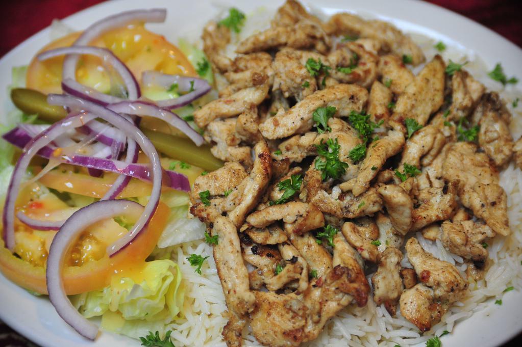 Chicken Shawarma Entree · Slices of grilled chicken seasoned and marinated. Served with 2 sides.