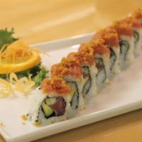 Firecracker Roll · Tuna, cucumber, avocado topped with spicy tuna and tempura flakes.