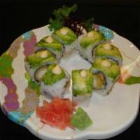 Escolar Katsu Roll · Escolar breaded and fried, cucumber, scallion topped with avocado and spicy mayo.