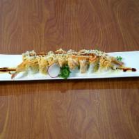 Angry Dragon Sushi Roll Special · Shrimp tempura and cucumber topped with spicy crab salad, honey-miso sauce and eel sauce.