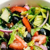 Greek Salad  · Romaine, cucumbers, Kalamata olives, onions, cherry tomatoes, feta cheese, and lemon feta vi...