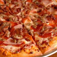 Meat Lover’s Pizza  · Pepperoni, Italian sausage, meatballs, ham, bacon, tomato sauce, and mozzarella cheese.