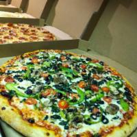 Vegetarian Pizza  · Grandma’s sauce, mozzarella cheese, fresh spinach, fresh mushrooms, bell peppers, cherry tom...