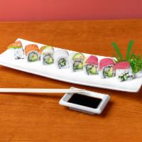 SP4. Rainbow Special Roll · Crab, cucumber and avocado wrapped with raw fish and avocado on top.