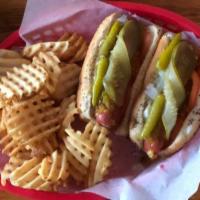 Chicago Style Dog · Served with mustard, relish, onion, tomato, pickle and peppers.