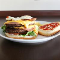Super Crazy Burger · Served with double beef, eggs, mushroom, cheese, bacon, ham, lettuce, tomatoes and french fr...