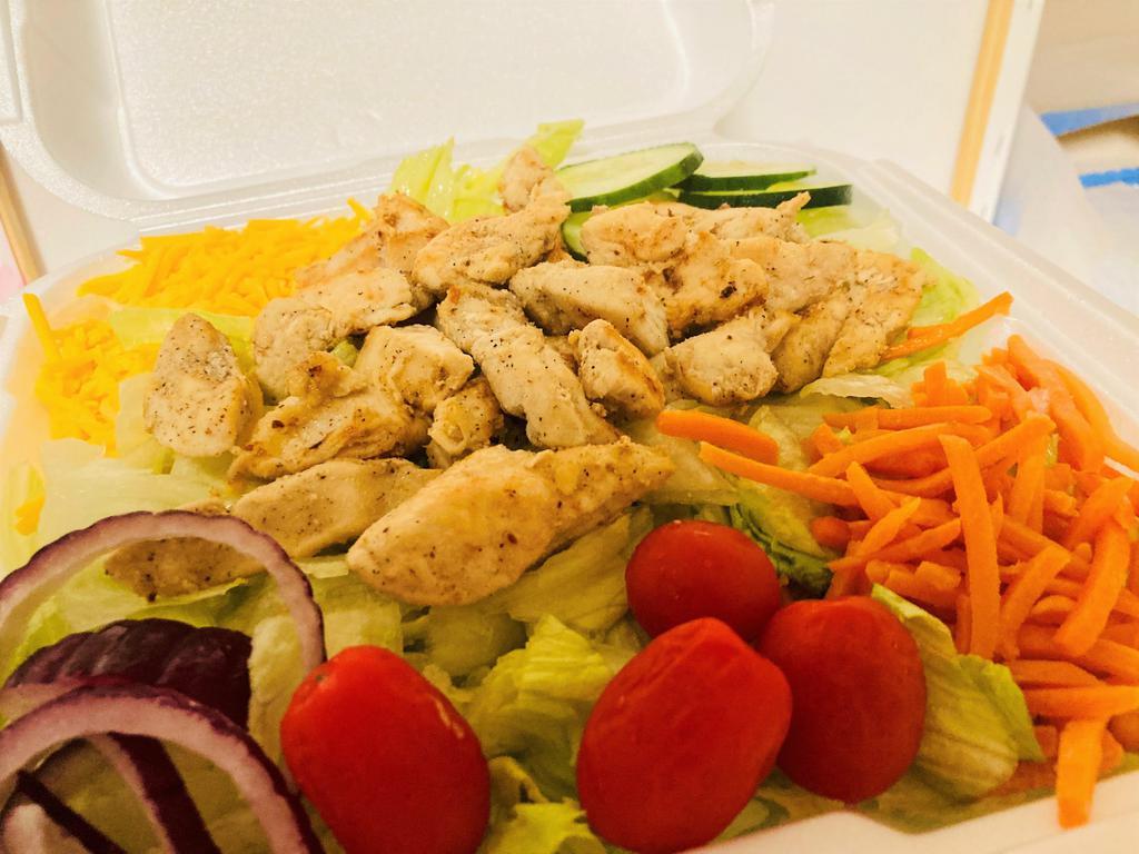 Grilled Chicken Salad · Enjoy this fresh delicious grilled chicken salad. Crisp lettuce, cheese, tomatoes, cucumbers, onions, and carrots. With your choice of dressing: Caesar, Italian, ranch, Thousand Island or blue cheese