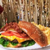 Burger Combo served w/fries · All Beef Patty on a warm bun dressed with Mayo, Lettuce, Tomato, Onions, Pickles, Cheese, an...