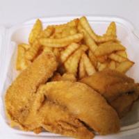Tilapia Dinner with Fries · Crispy golden tilapia full of flavor served with fries, hushpuppies and your choice of dippi...