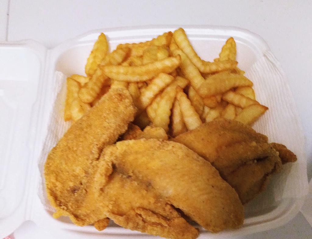 Tilapia Dinner with Fries · Crispy golden tilapia full of flavor served with fries, hushpuppies and your choice of dipping sauce. Add lp sprinkles for free and enjoy. Add condiments  for an additional charge. 