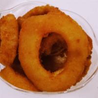 Onion Rings · Crispy fried Onion Rings bursting with flavor after every bite. Served with Golden Vibes dip...