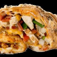 Chicken Calzone · Tender grilled white chicken, fresh tomatoes, sauteed onions, green peppers, crispy bacon an...
