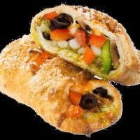 Vegetarian Calzone · Choice of sauce with a mix of black olives, vine-ripened tomatoes, tender red and green pepp...