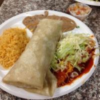 Chile Relleno Burrito · Rice, beans, cheese, lettuce, and enchilada sauce.