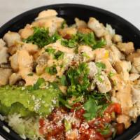 * SD Chicken Breast Bowl · Grilled chicken, whole beans, rice, lettuce, salsa fresca, guacamole, chipotle sauce and enc...
