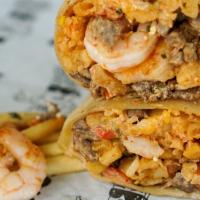 * Surf ＆ Turf Burro · Steak, shrimp, rice, fries, cheese, chipotle sauce, salsa fresca and house sauce. Your choic...