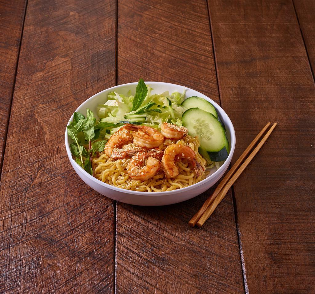 Garlic Yellow Noodles · Garlic noodle with pickled carrots, vegetables, basil, choice of shrimp, pork, chicken or beef.