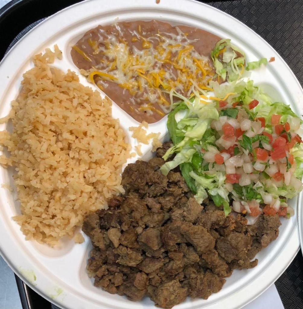 Carne Asada Combination Plate · Served with a side of rice, refried beans, lettuce, pico de gallo & 6 corn tortillas.