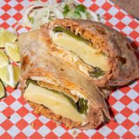 Chile Relleno Burrito · hand made chille relleno with rice and beans