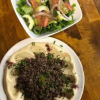 Hummus with Lamb and beef · Fresh ground lamb and beef mixed, served in center hummus plate.