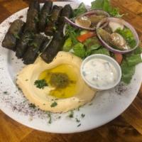 Grape Leaves Platter · Stuffed with carrots, parsley, dill, onions, and rice. Served with 2 sides.

