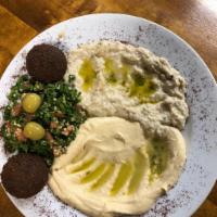 Vegetarian Platter · Hummus, baba ganuj, tabuili, falafel.

