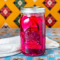 Pickled Turnips 32 oz.  ·  Turnips pickled with beets in our signature. Vegan, gluten free.