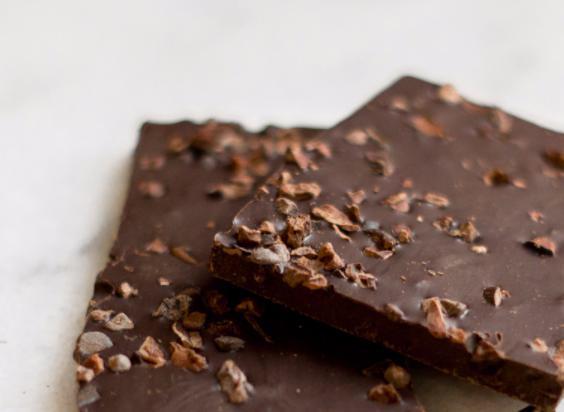 Extra Dark with Nibs Bark · Savory dark chocolate with 85% cocoa topped with cacao nibs.  This chocolate has a strong coffee like profile and is ideal for a dark chocolate enthusiast. Note: contains soy.