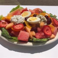 Tuna Plate · All white tuna salad with tomato wedges, cottage cheese, cucumbers, hard boiled egg and fres...