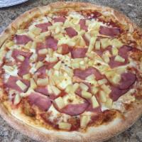 Hawaiian Pizza · Mozzarella cheese, ham and pineapple with tomato sauce.