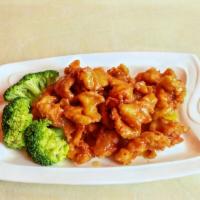 O.J. Chicken · Crispy chicken tender topped with orange sweet and sour sauce.
