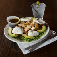 Chicken Avocado Caprese Salad · Grilled chicken breast, sliced avocado, diced tomato and fresh mozzarella on a bed of mixed ...