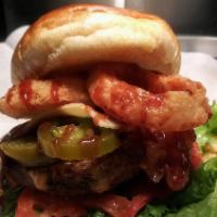 Atl Heat · ½ lb. beef burger, pepper jack cheese, jalapenos bacon onion rings lettuce, tomatoes, BBQ sa...