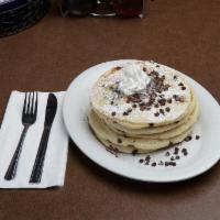 Chocolate Chip Pancakes · Five pancakes with chocolate chips.