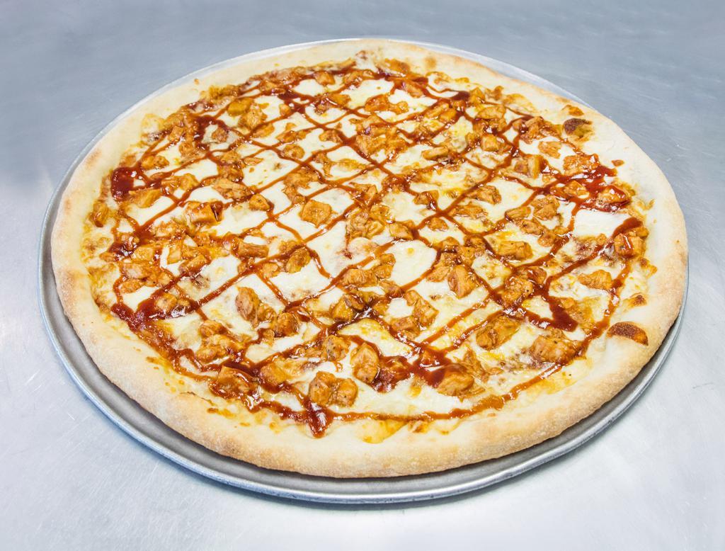 BBQ Chicken Pizza · XL 18” hand tossed fresh dough pizza with Sweet Baby Ray’s BBQ sauce instead of tomato sauce with mozzarella cheese and lots of BBQ Chicken.