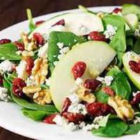 Walnut Gorgonzola Salad · Spinach, crumbled Gorgonzola, walnuts, green apple slices, avocado and cranberries.