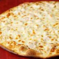 Alfredo Pizza · Homemade Alfredo sauce topped with fresh chunks of chicken breast and broccoli.