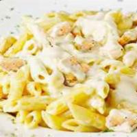 Penne Alfredo · Penne noodles, Alfredo sauce and chunks of chicken breast.