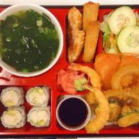 Mixed Tempura Bento Box · Served with steamed rice, house salad, miso soup, 2 pieces veggie egg roll, 2 pieces fried g...