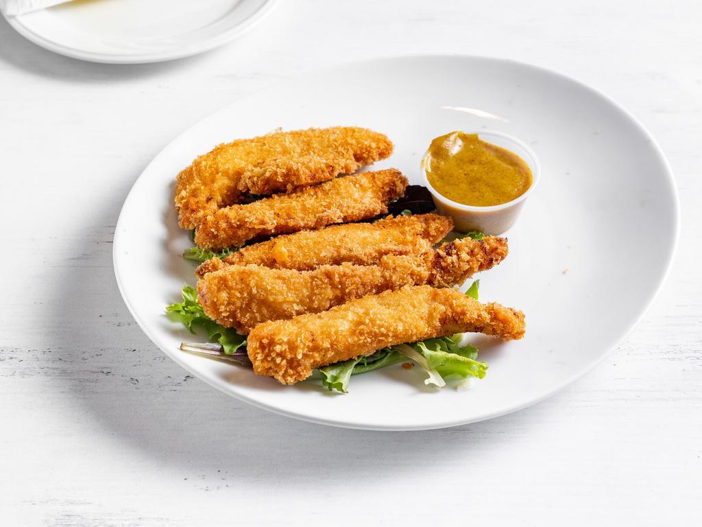 Chicken Fingers (5 pieces) · Panko encrusted chicken served with warm honey mustard sauce.