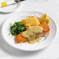 Baked Salmon · Served with a Creamy Thyme Mustard Sauce, Veggies and a choice of (1) Mashed Potato, Rice OR...